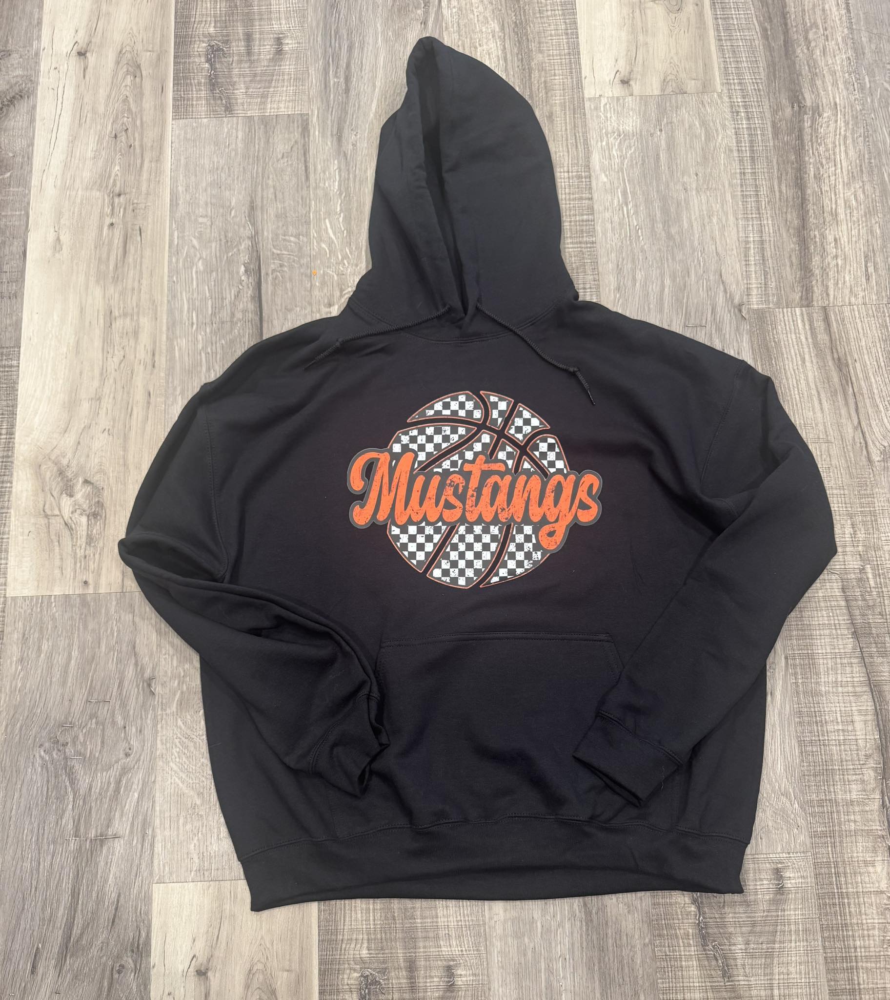 Clio Mustangs Hoodie - checkered basketball design in orange
